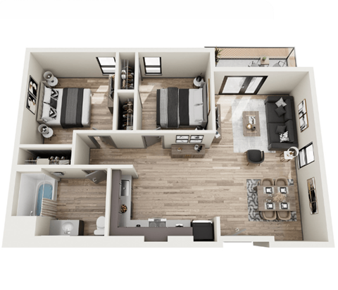 Floor plan for 2 beds, 1 bath, 795 sqft